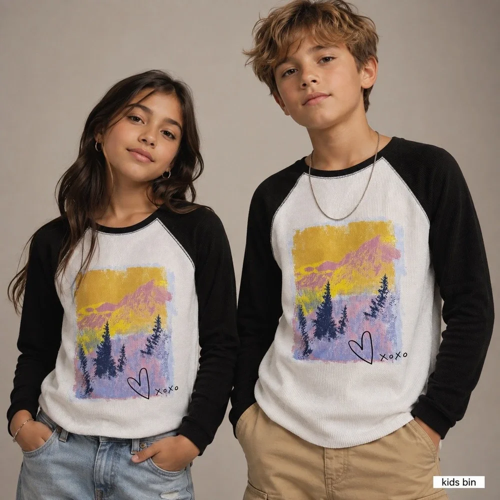Old Navy Kids XL 14 Raglan Thermal Waffle Shirt Mountain Graphic Black White